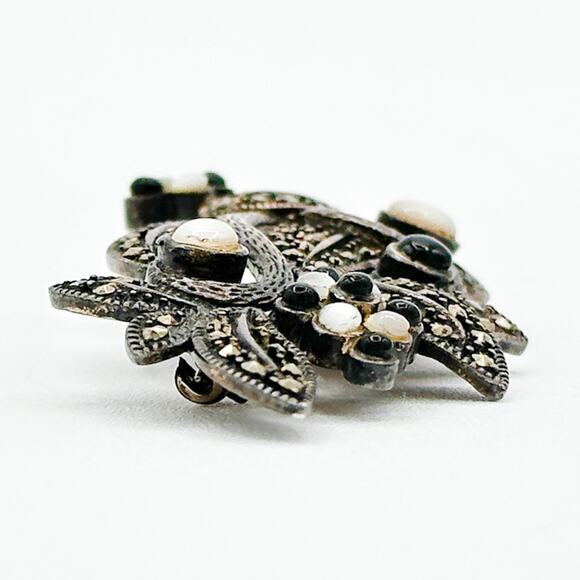 Art Nouveau Style 925 Sterling Silver Marcasite Brooch w Onyx Moonstone Details - Picture 4 of 12